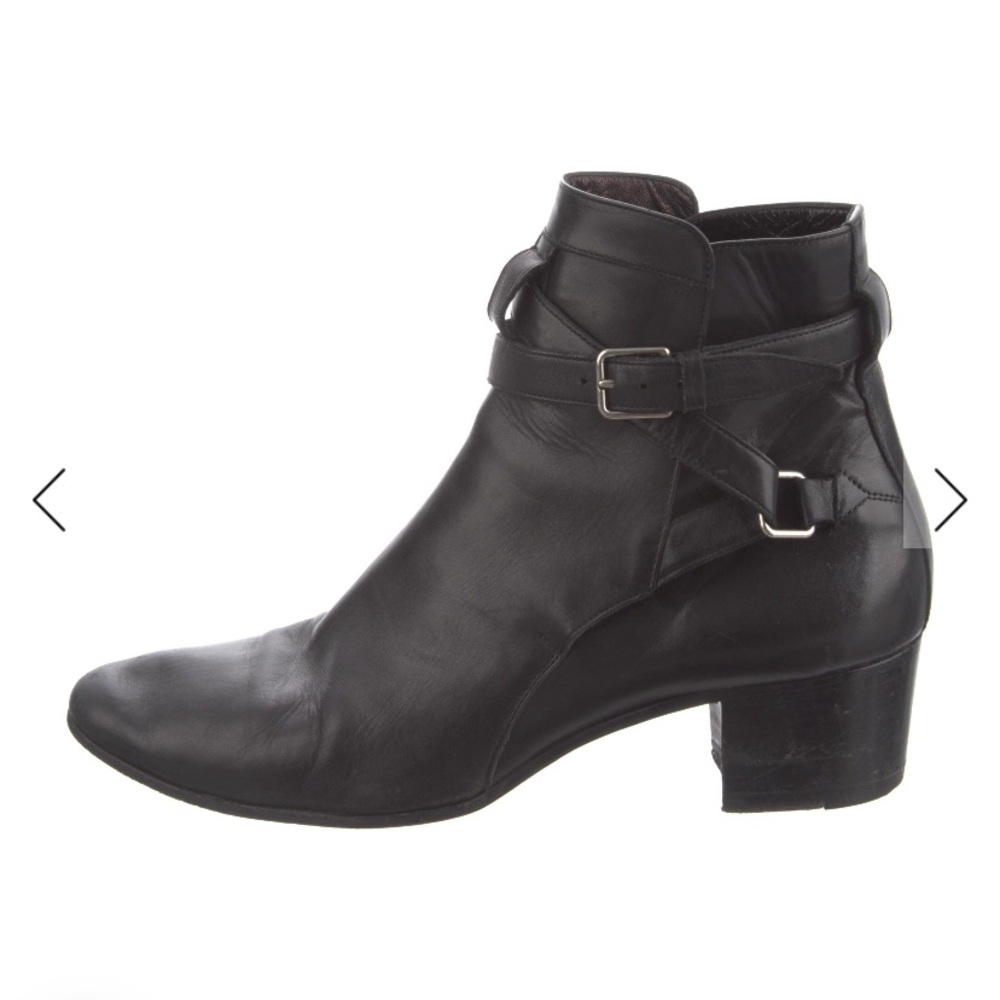 Saint Laurent YSL Black Leather Wrap-Strap Moto Ankle Boots